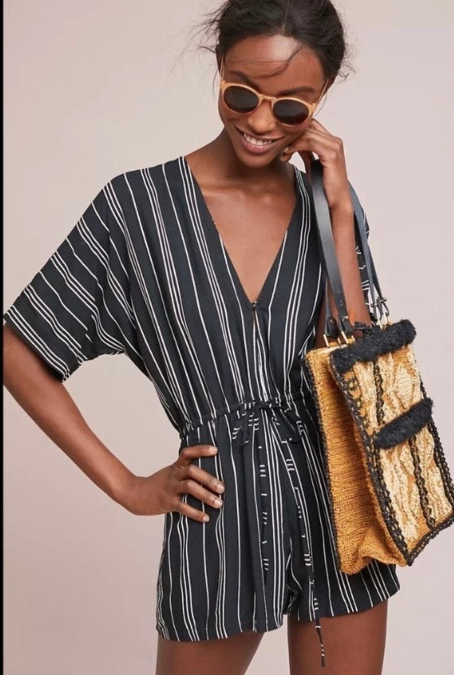 Anthropologie Beach Gold Black and Cream Striped Romper